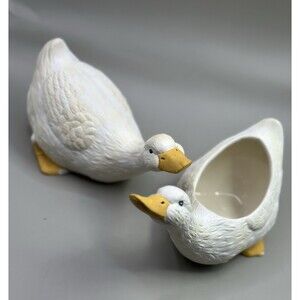 Vintage Ceramic Ducks Planter & Figurine Set - White with Yellow Beaks